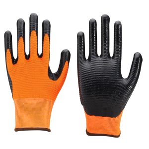 13g Orange Ribbed U3 Polyester liner with Flat Nitrile Palm Coated Gloves